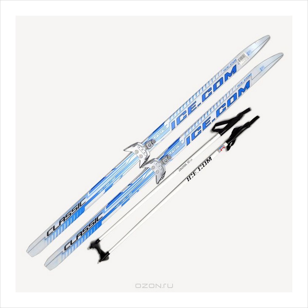 Комплект Лыжи  CLASSIC (step) синие c креплениями  75 мм 44-44-44, палки. ICE COM р-р.  150, 160