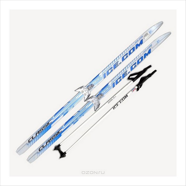 Комплект Лыжи  CLASSIC (step) синие c креплениями  75 мм 44-44-44, палки. ICE COM р-р.  150, 160